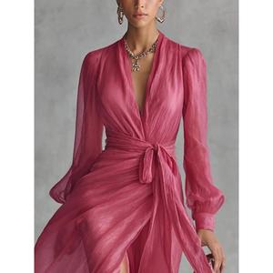 Vestido Largo de Gasa Rosa Elegante Hecho a Mano de Alta Calidad con Cuello en V Profundo, Manga Abullonada, Lazo Cruzado, Abertura en el Bajo, Ajuste Delgado, Sencillo y Ecológico - Product Image 5