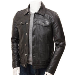 <b>Men's</b> Premium Quality 100% Leather Full-Sleeve Winter <b>Jacket</b> High Street Style Canvas Front Logo Windproof Breathable - Product Image 4