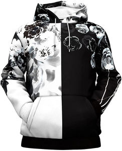 เสื้อสเวตเชิ้ตมีฮู้ดลายดอกไม้สำหรับผู้ชาย ทรงปกติ สีดำขาว แต่งสีบล็อก สวมใส่สบาย มีกระเป๋า เหมาะสำหรับใส่ในฤดูใบไม้ร่วง - Product Image 4