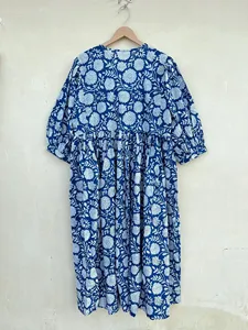 Women's Blue Floral Hand Block Print Tie-Neck Cotton Midi <b>Dress</b> With Puff Sleeves <b>Loose</b> Fit Summer Casual <b>Dress</b> - Product Image 5