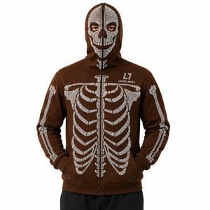 Men’s Brown Skeleton Rhinestone Hoodie with Full Zip Balaclava Mask, Crystal Skull Bone Pattern <b>Gothic</b> Hip Hop Streetwear <b>Jacket</b> - Product Image 1