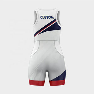 Combinaison de lutte personnalisée pour homme, sublimation, bleu, blanc, rouge, coupe ajustée, uniforme sportif - Product Image 6