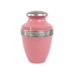 Urna Funeraria Rosa Suave con Acabado Brillante, Banda Floral Plateada Decorativa y Diseño Elegante y Delicado - Product Image 1