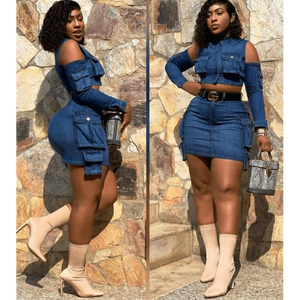 Ensemble coordonné jupe cargo en jean délavé foncé et crop top pour femme - Product Image 3