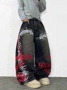 <b>Mens</b> Regular Fit Wide Leg Solid Spring Y2K Gothic Dragon Graphic <b>Printed</b> Washed Black Denim <b>Jeans</b> Streetwear Trousers - Product Image 1