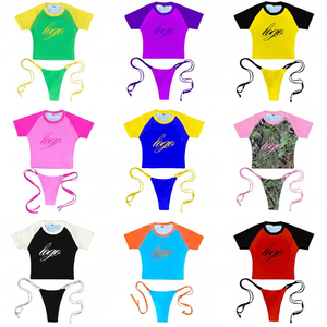 Ensembles de bikinis tissés personnalisés pour femmes à imprimé animal, hauts à manches courtes taille haute, maillots de bain écologiques à séchage rapide, OEM - Product Image 2
