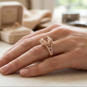 Bague de fiançailles élégante en Morganite naturelle, taille coussin, en argent sterling 925 plaqué or rose, sertie griffes - Product Image 1