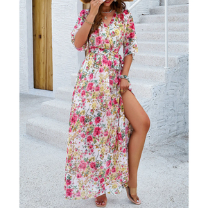 Robe longue en mousseline à imprimé floral, col en V, style cache-cœur, avec fente latérale, manches trois quarts, coupe ample, romantique, pour femme, idéale pour l'été - Product Image 6