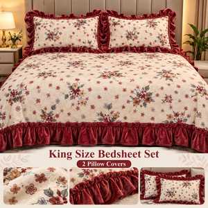 Luxury Winter Bedsheet Set <b>King</b> <b>Size</b> with 2 <b>Pillow</b> Covers Soft Plush Fleece Floral Printed Bedding Ruffled Frill Border Warm - Product Image 3