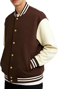 Veste universitaire pour homme en marron et crème avec bordure à rayures blanches, coupe classique, en polyester et coton, col rabattu - Product Image 4
