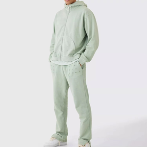Conjunto Deportivo de Hombre con Capucha, Color Verde Claro, Sudadera con Cierre Completo y Pantalones de Felpa, Estilo Casual, Color Sólido, Transpirable, de Secado Rápido, para Invierno - Product Image 3