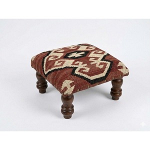 Handcrafted Bohemian Square <b>Pouf</b> With Abstract Geometric Pattern Wooden Legs Red Beige Black Design Living Room Decor - Product Image 1