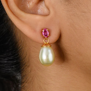 18K Gold Pearl Drop <b>Earrings</b> with Prong Set Pink Sapphire - Product Image 1