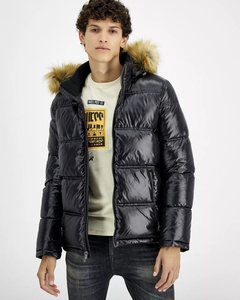 Unisex Black Hooded Puffer Jacket <b>Fur</b> <b>Trim</b> Windproof Zipper Closure Casual Winter Outerwear Coated Stand Polyester Fiber Filling - Product Image 3