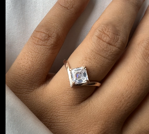 Asscher Cut Moissanite <b>Ring</b> <b>Split</b> Shank 18K White Gold Plated Engagement <b>Ring</b> Geometric Solitaire Diamond Alternative <b>Ring</b> - Product Image 4