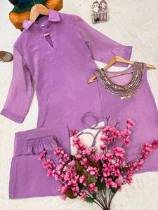 Ensemble indien pakistanais en viscose brodée pour femmes, haut et pantalon deux pièces, col en V, tenue décontractée d'été - Product Image 6