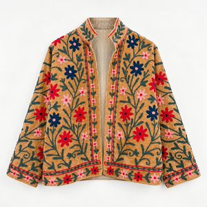 Manteau d'hiver pour femme en velours brodé, style bohème, matelassé, 100% coton, écologique, motif floral Suzani, col montant, service OEM - Product Image 2