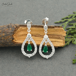 925 Sterling Silver Cubic Zircon Gold Plated Dangling <b>Earrings</b> 5X3MM Pear Cut <b>Emerald</b> Gemstone Drop <b>Earrings</b> Indian Manufacturer - Product Image 2