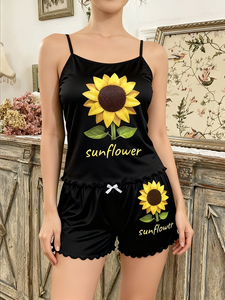 Women's Casual Animal Print V-neck Tank Top and Shorts Pajama Set Sleeveless Bow Detail 100% Cotton Breathable for Adults - Product Image 3