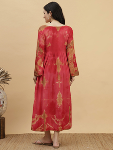 Vestido Casual de Rayón con Estampado Tie-Dye Rojo Hecho a Mano para Mujer, Estilo Línea A, Ligero y Transpirable, Ideal para Uso Diario y Fiestas - Product Image 2