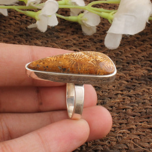 Anillo de Coral Fósil Natural, Plata de Ley 925, Anillo con Piedras Preciosas, Joyería de Coral Genuino al por Mayor para Mujer, Patrón Único de Fábrica - Product Image 2
