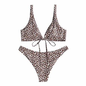 Custom Women's Leopard Print Two-Piece Bikini Set Cheetah V-Neck Bathing Suit Trendy Luxury Beachwear Bikini Set - Product Image 6
