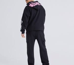 Ensemble de survêtement pour homme, sweat-shirt à capuche zippé noir, 100% coton, vêtements décontractés d'automne, design 2 en 1, polaire, logo rose imprimé, poches latérales - Product Image 5