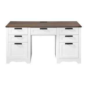 Scrivania da Ufficio Direzionale Robusta in Truciolato con Stazione di Ricarica, 2 Cassetti Contenitori, Stile Rustico/Country - Product Image 1