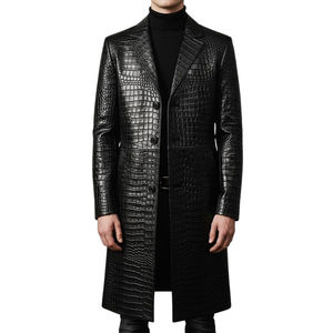 Women's <b>Black</b> Crocodile Embossed Genuine Leather <b>Long</b> <b>Coat</b> Winter Turn-down Collar - Product Image 4