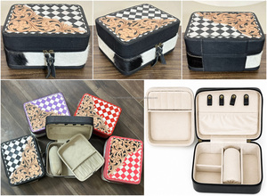 Luxury Hand Tooled Cowhide Leather Jewelry Organizer Case Western Black & White Checkered Travel Storage <b>Box</b> with Zipper Closure - Product Image 2