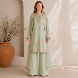 Conjunto de Salwar Kameez Tradicional Bordado en Chifón Verde Claro Premium para Mujer, Corte Regular, para Primavera, Uso Formal/Casual, Sin Arrugas - Product Image 6