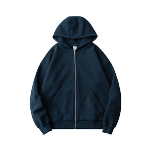Men Dark Teal Waffle Knit <b>Zip</b> Up Hoodie Oversized Full <b>Zip</b> Textured Casual Streetwear Sweatshirt Wholesale - Product Image 2