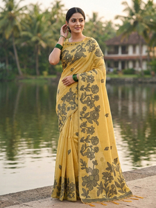 Sari en lin imprimé moderne avec chemisier pour les occasions de fête, mariage, Diwali - Product Image 4