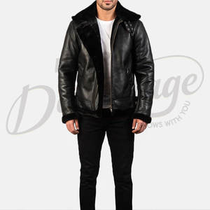 Veste en cuir véritable pour homme, doublée de fourrure de mouton véritable, style aviateur, manteau de motard avec col en fourrure, pour l'hiver - Product Image 4