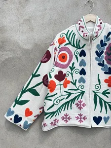 Women <b>White</b> Cotton Suzani Embroidered <b>Jacket</b> Multicolor Floral Handcrafted Boho Ethnic Stand Collar <b>Short</b> Coat - Product Image 2