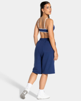 Shorts Bermuda Femme en Coton Premium 100% avec Logo Personnalisé DTF, Bleu Foncé, avec Passepoil, Longs