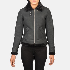 Blouson bombardier élégant en cuir noir Sherilyn 100% véritable peau de mouton avec doublure entièrement en fausse fourrure chaudement personnalisé pour une utilisation hivernale - Product Image 2