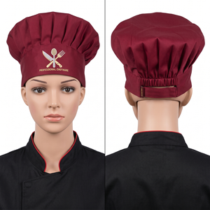 Casquette de chef unisexe en twill imperméable de qualité supérieure, 65% polyester, 35% coton, 240 GSM, bordeaux, réglable, impression numérique, restaurant, bar - Product Image 1