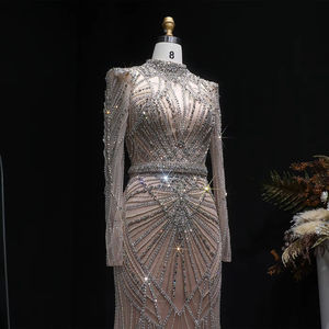Elegante Vestido Largo de Sirena con Cuentas de Cristal, Vestido Real con Bordado Turco, Cuello de Cristal, Manga Larga, Producto de Alta Demanda - Product Image 5