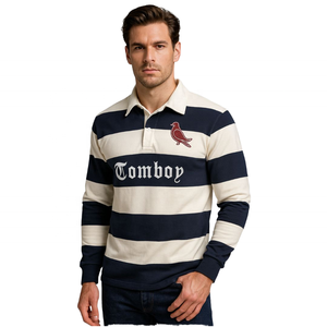 Custom Heavyweight Men's Long Sleeve Striped Rugby <b>Polo</b> <b>Shirt</b> <b>Vintage</b> Embroidered Cotton Casual <b>Polo</b> T <b>Shirt</b> - Product Image 2