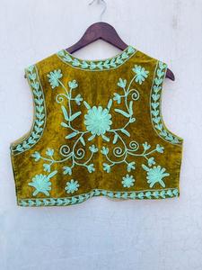 Olive Green Casual Velvet Cotton Floral Embroidered V-neck Pullover Short Vest Coat <b>Women</b> Ethnic Sleeveless <b>Waistcoat</b> Handmade - Product Image 4