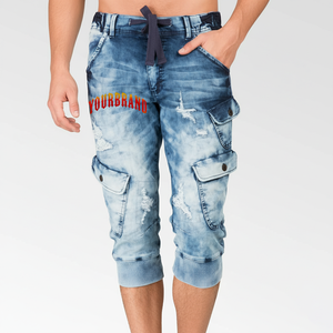 Shorts en jean déchirés 100 % coton grande taille pour hommes avec cordon de serrage, logo personnalisé, ourlet brut, coupe ample, jorts délavés - Product Image 4