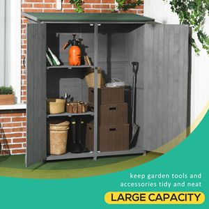Armadio da Esterno in Legno Grigio con 3 Ripiani, Tetto Impermeabile in Asfalto, Porte Lucchettabili, Casetta da Giardino, Organizzatore per Attrezzi - Product Image 5
