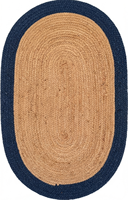 Tapis ovale en jute naturel tissé à la main de qualité supérieure avec bordure bleu marine, tapis de sol tressé style farmhouse pour salon et chambre à coucher