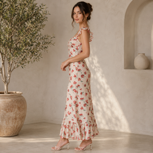 Vestido Largo de Sirena con Estampado Floral de Lujo para Mujer |   Elegante Vestido de Fiesta con Cuello Cuadrado y Mangas con Volantes |   Vestido Largo de Verano Estilo Vintage para Cóctel - Product Image 3