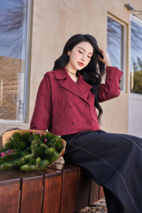 Women's <b>Burgundy</b> Regular Length Double Breasted <b>Trench</b> <b>Coat</b> Epaulettes Adjustable Cuff Casual Outerwear Anti-shrink Anti-Wrinkle - Product Image 4