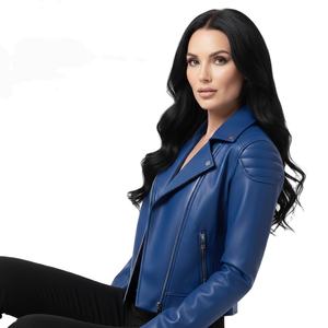 Chaqueta de Motociclista de Cuero Azul Invernal para Mujer, Personalizada, al por Mayor, Precio de Fábrica, Estilo Motero Genuino, Abrigo de Moda para Mujer, OEM - Product Image 1