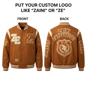 ZAINI Premium 400 GSM Wool Blend Windproof High Street Varsity <b>Jacket</b> Men's Brown PU Sleeves Custom Chenille Embroidery <b>Patch</b> - Product Image 1