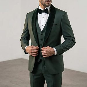 Traje de esmoquin verde oscuro para hombre, estilo británico, de un solo botón, con solapa con muescas, chaleco y pajarita, de tela de lana elástica - Product Image 5