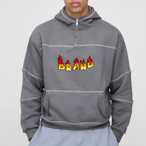 Sudadera informal de forro polar oversize para hombre, color gris, con media cremallera, estampado Flame Brand, con bolsillo frontal y precios asequibles - Product Image 1